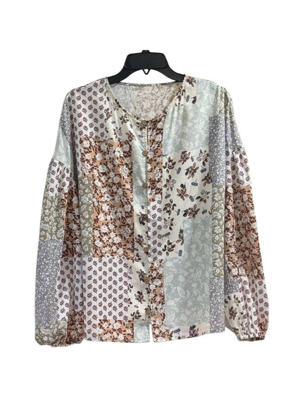 Floral Patchwork Balloon Sleeve Blouse Large